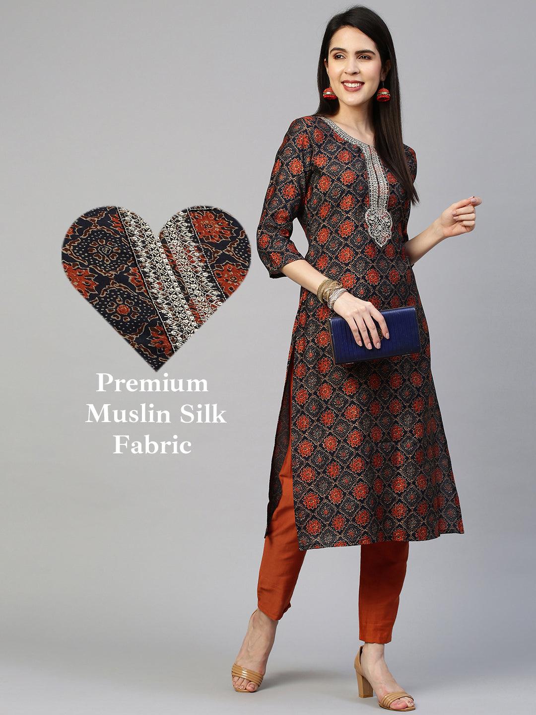 Ajrakh Printed & Embroidered Kurta - Deep Blue - Indiakreations