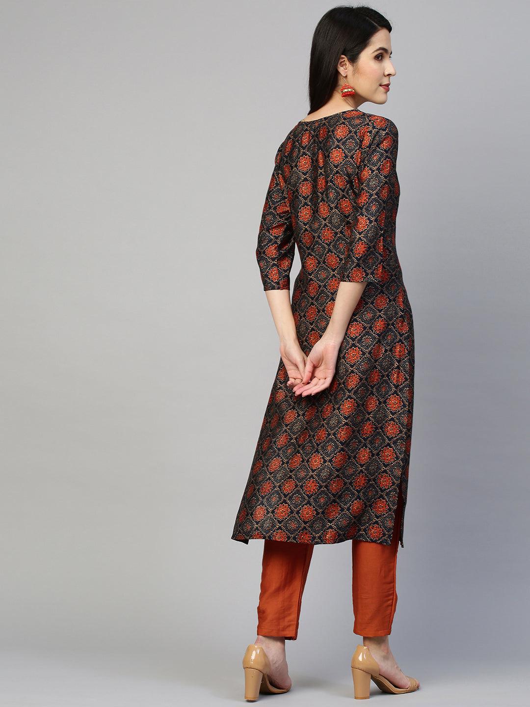 Ajrakh Printed & Embroidered Kurta - Deep Blue - Indiakreations