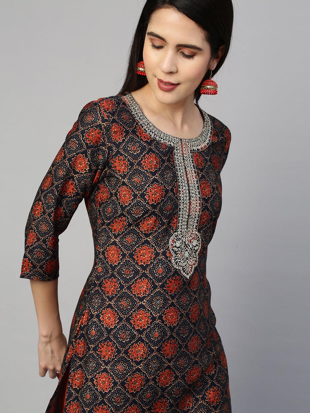 Ajrakh Printed & Embroidered Kurta - Deep Blue - Indiakreations