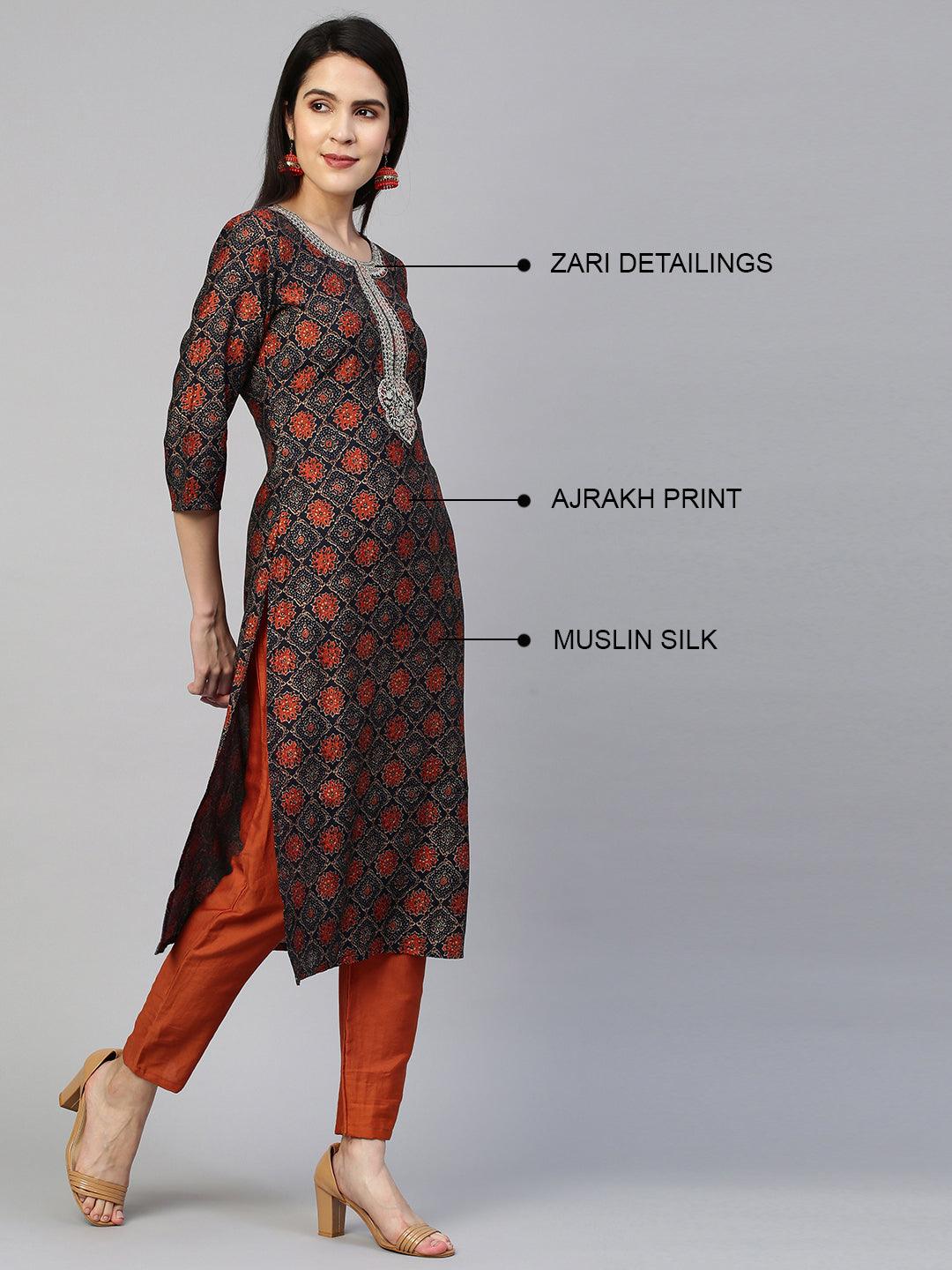 Ajrakh Printed & Embroidered Kurta - Deep Blue - Indiakreations