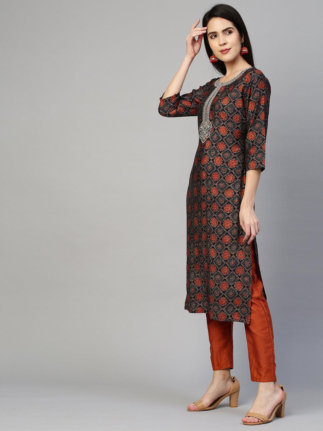 Ajrakh Printed & Embroidered Kurta - Deep Blue - Indiakreations