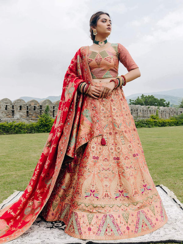 Regal Peach Unstitched Bridal Lehenga Enhanced With Floral Tikki Work All Over