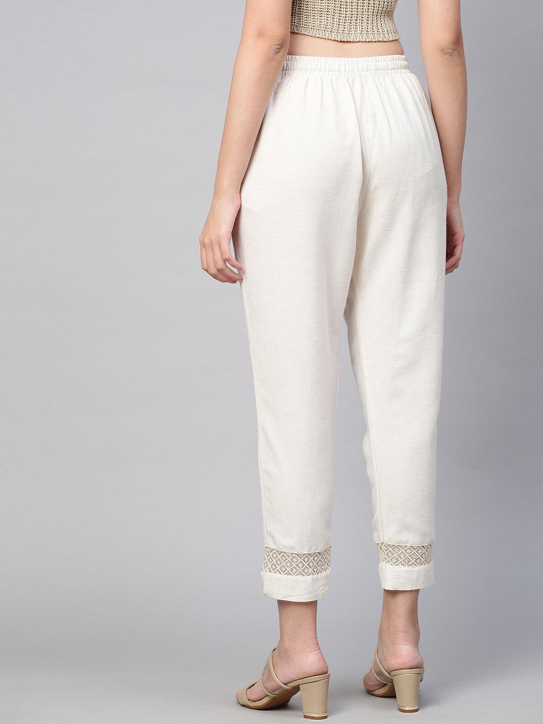 Sequin Embroidered Textured Ankle Pant - Off White - Indiakreations