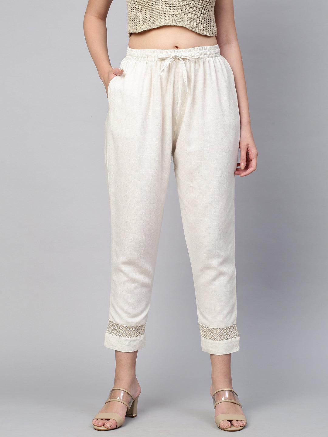 Sequin Embroidered Textured Ankle Pant - Off White - Indiakreations