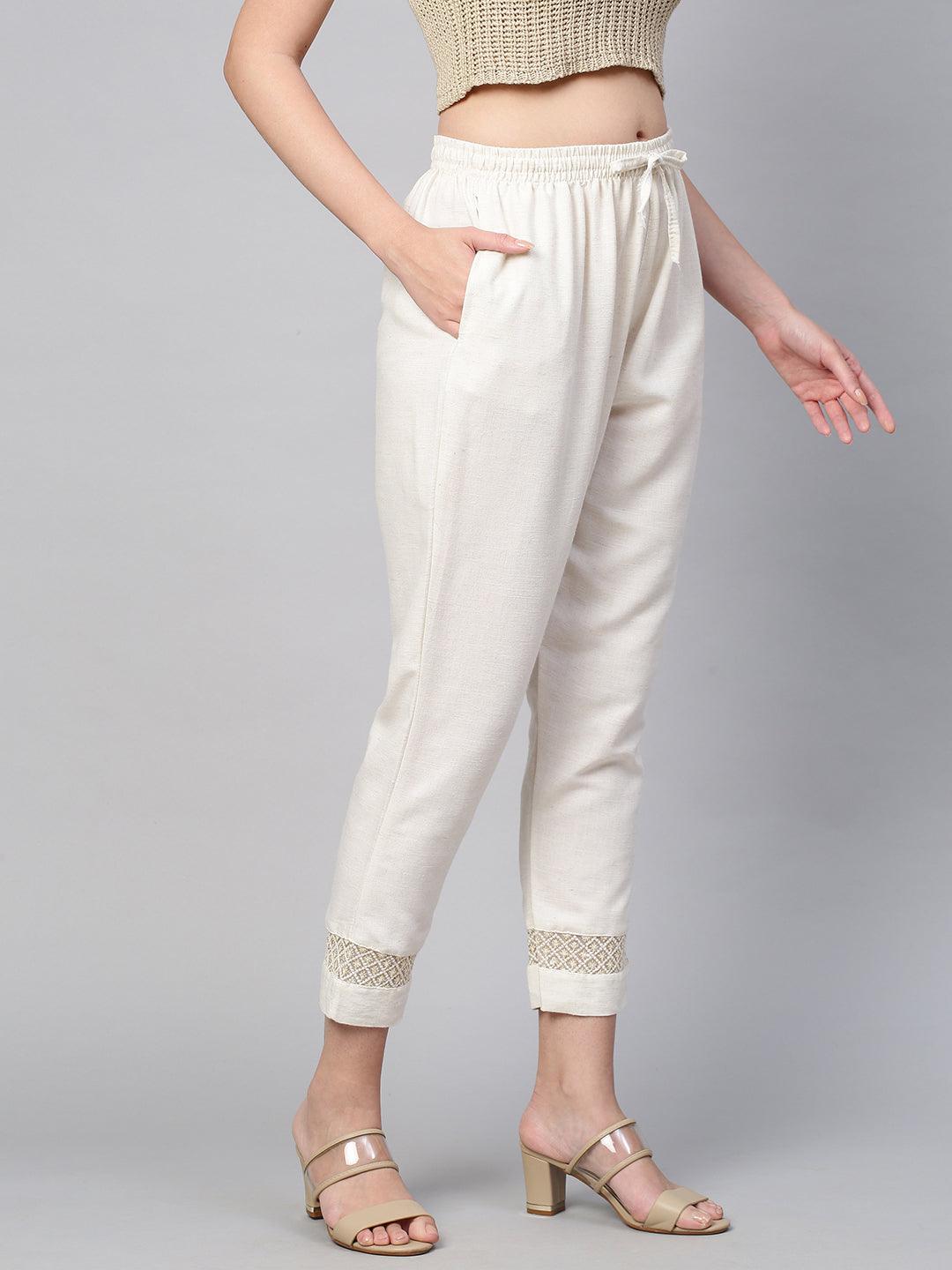 Sequin Embroidered Textured Ankle Pant - Off White - Indiakreations