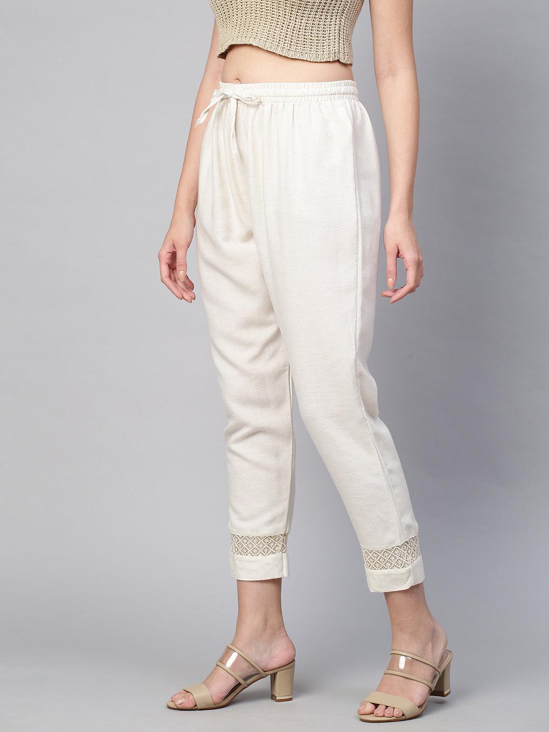 Sequin Embroidered Textured Ankle Pant - Off White - Indiakreations