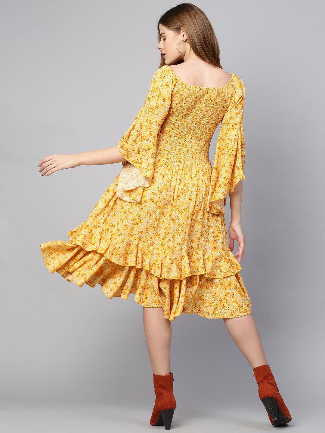 Ditsy Floral & Smocked Tiered Dress - Bright Yellow - Indiakreations