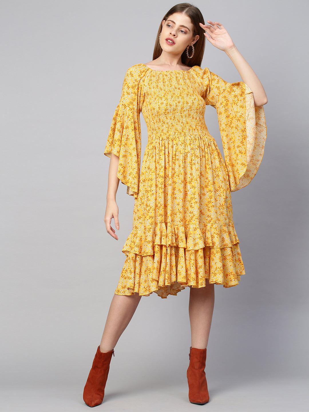 Ditsy Floral & Smocked Tiered Dress - Bright Yellow - Indiakreations