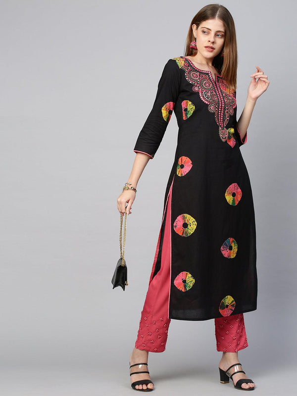 Colourful Tie-Dyed & Embroidered Kurta - Black - Indiakreations