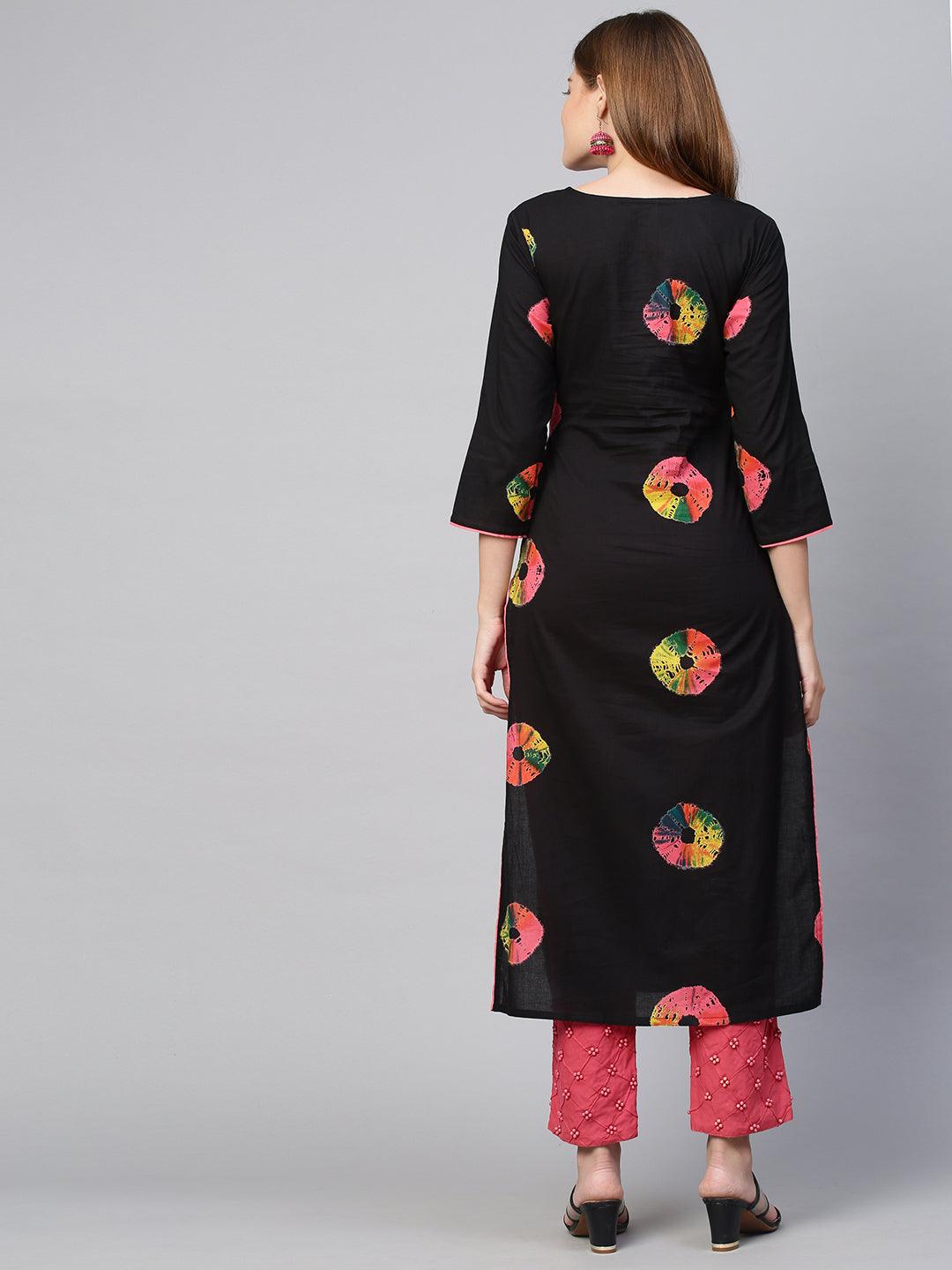 Colourful Tie-Dyed & Embroidered Kurta - Black - Indiakreations