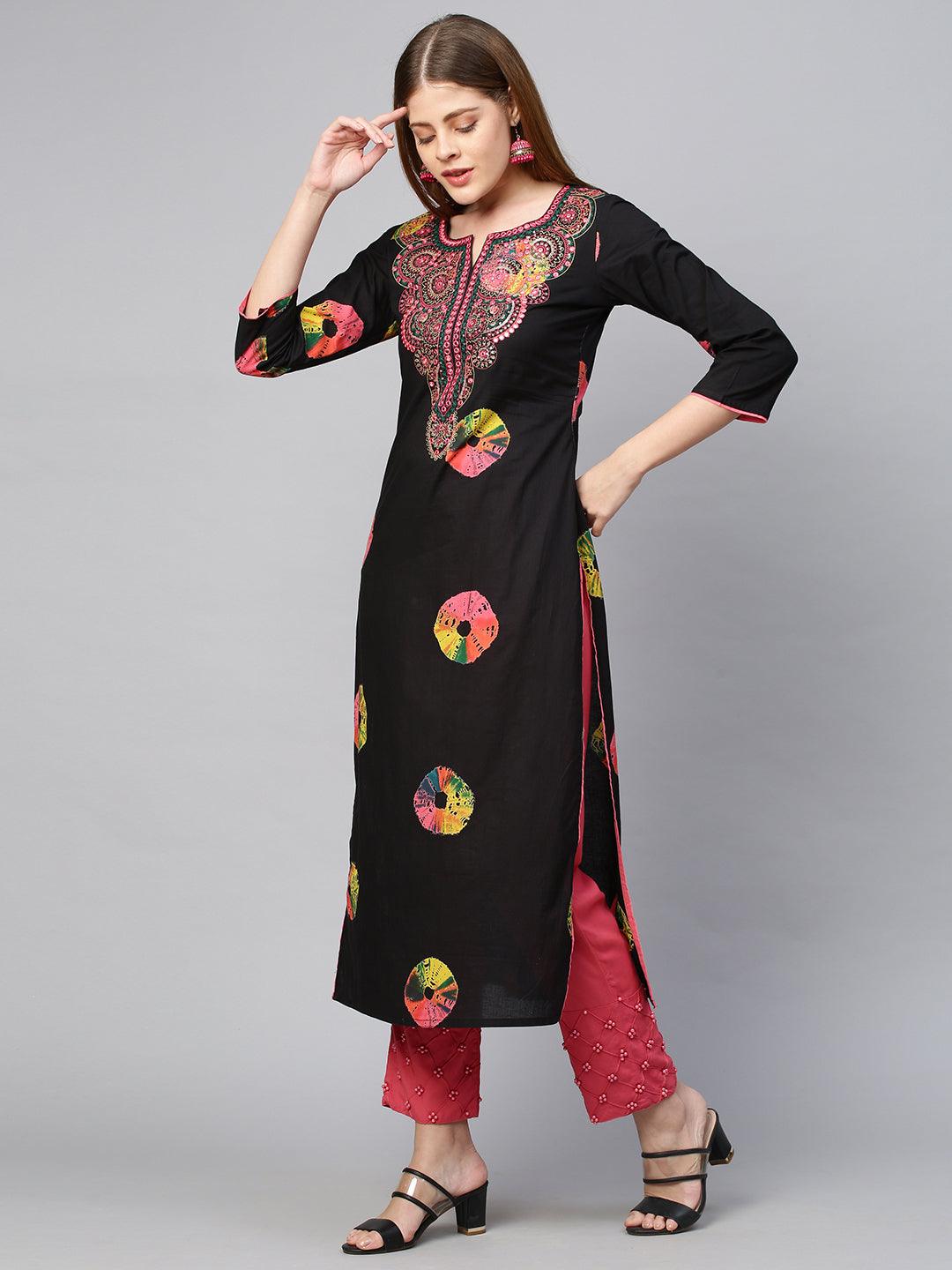 Colourful Tie-Dyed & Embroidered Kurta - Black - Indiakreations