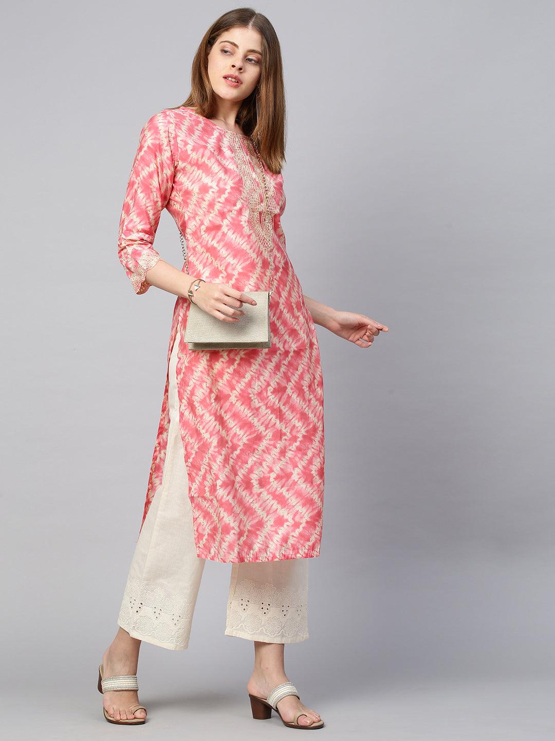 Tie Dye Printed & Embroidered Straight Kurta - Peach - Indiakreations