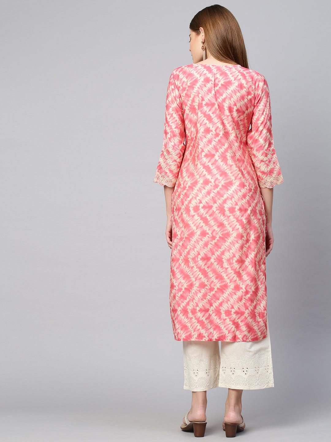 Tie Dye Printed & Embroidered Straight Kurta - Peach - Indiakreations