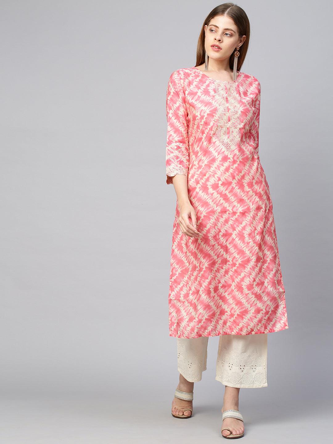 Tie Dye Printed & Embroidered Straight Kurta - Peach - Indiakreations