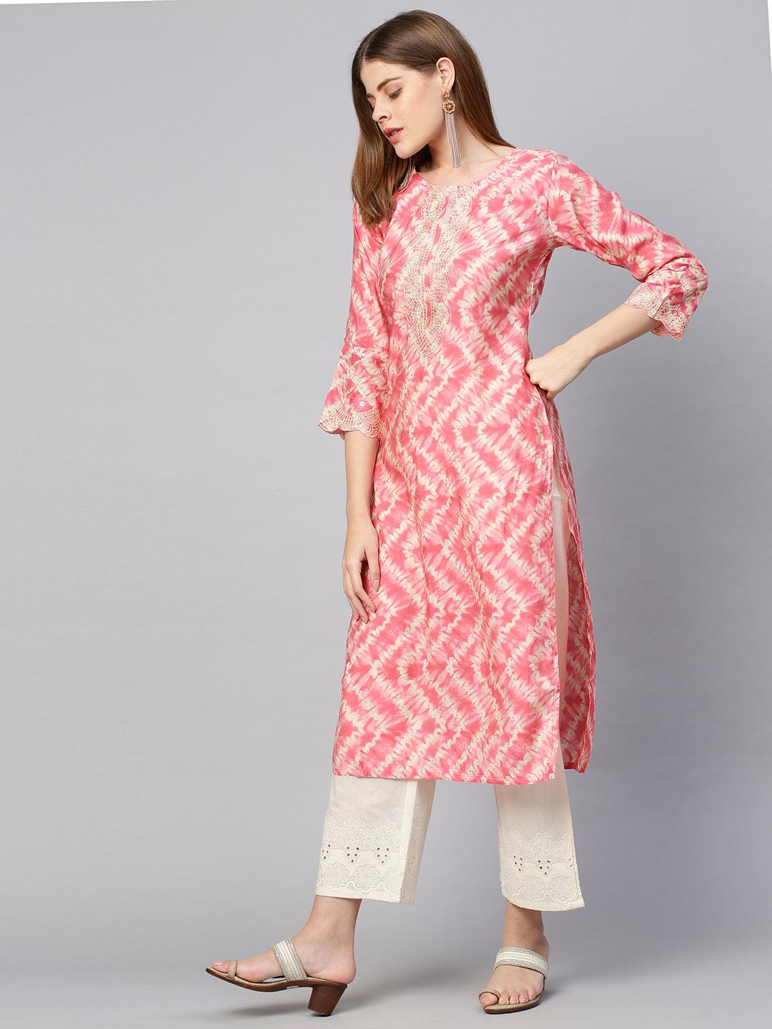 Tie Dye Printed & Embroidered Straight Kurta - Peach - Indiakreations