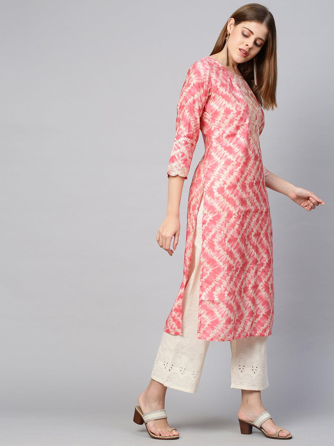 Tie Dye Printed & Embroidered Straight Kurta - Peach - Indiakreations