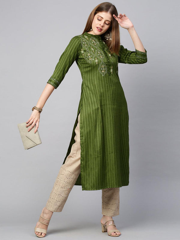 Floral Hand Embroidered Straight Kurta - Green - Indiakreations