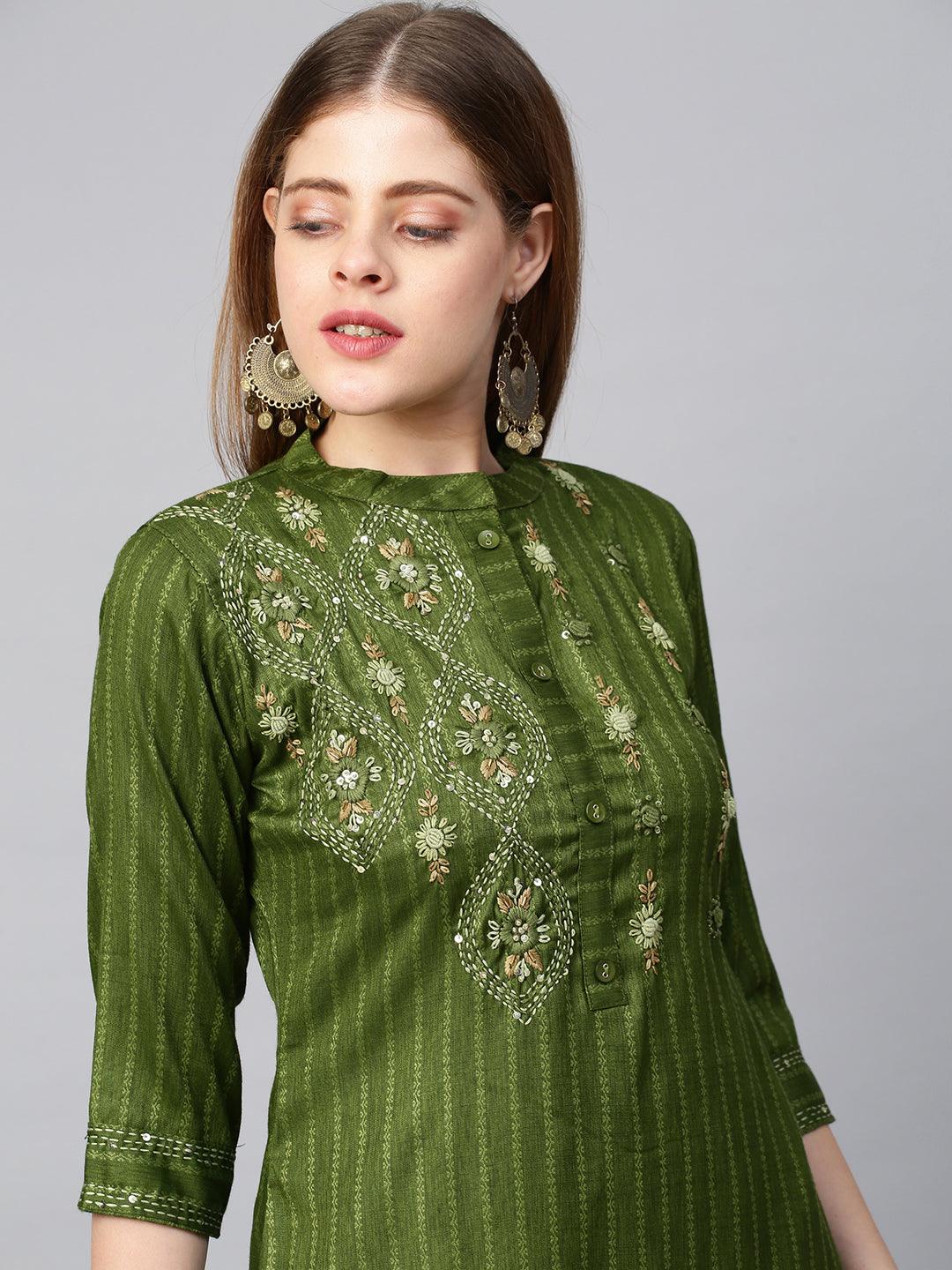 Floral Hand Embroidered Straight Kurta - Green - Indiakreations