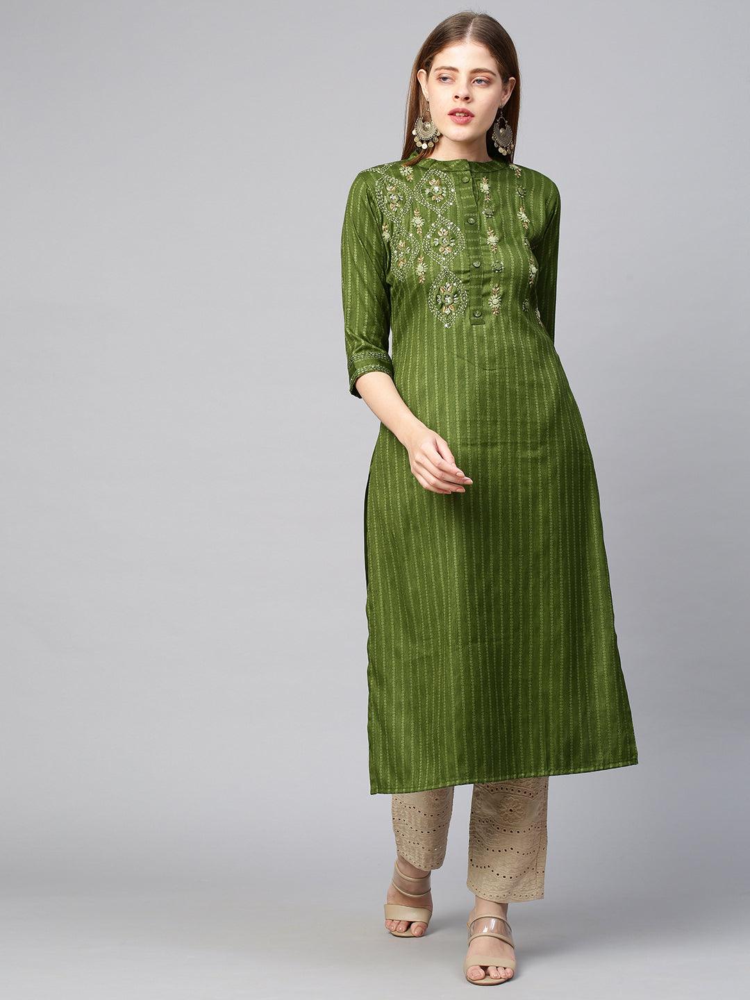 Floral Hand Embroidered Straight Kurta - Green - Indiakreations