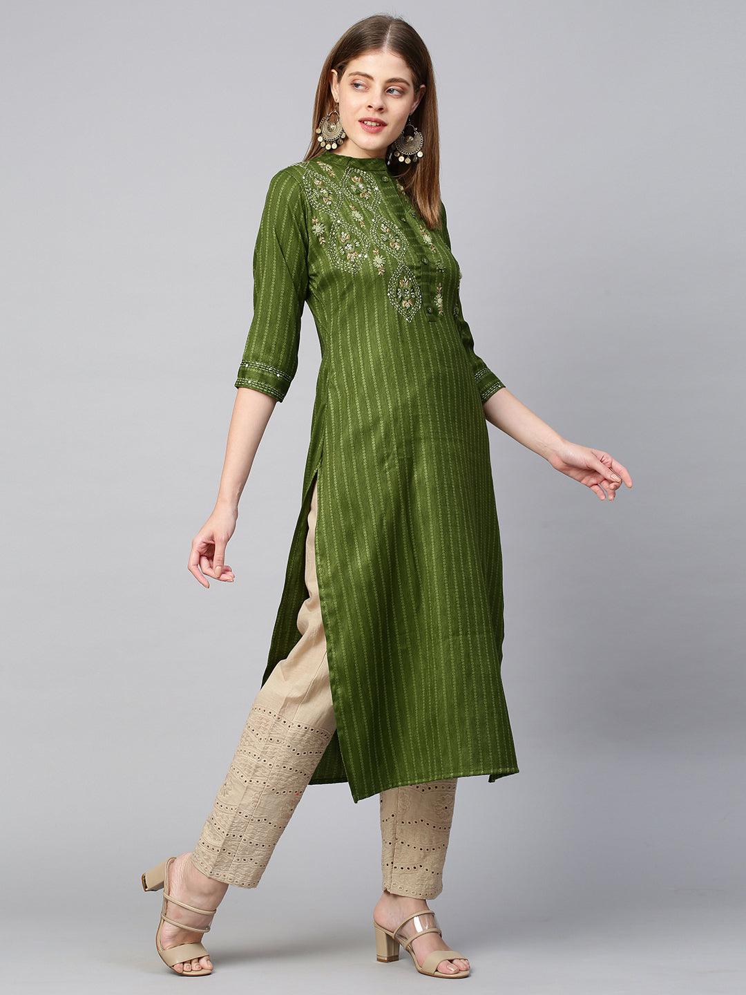 Floral Hand Embroidered Straight Kurta - Green - Indiakreations