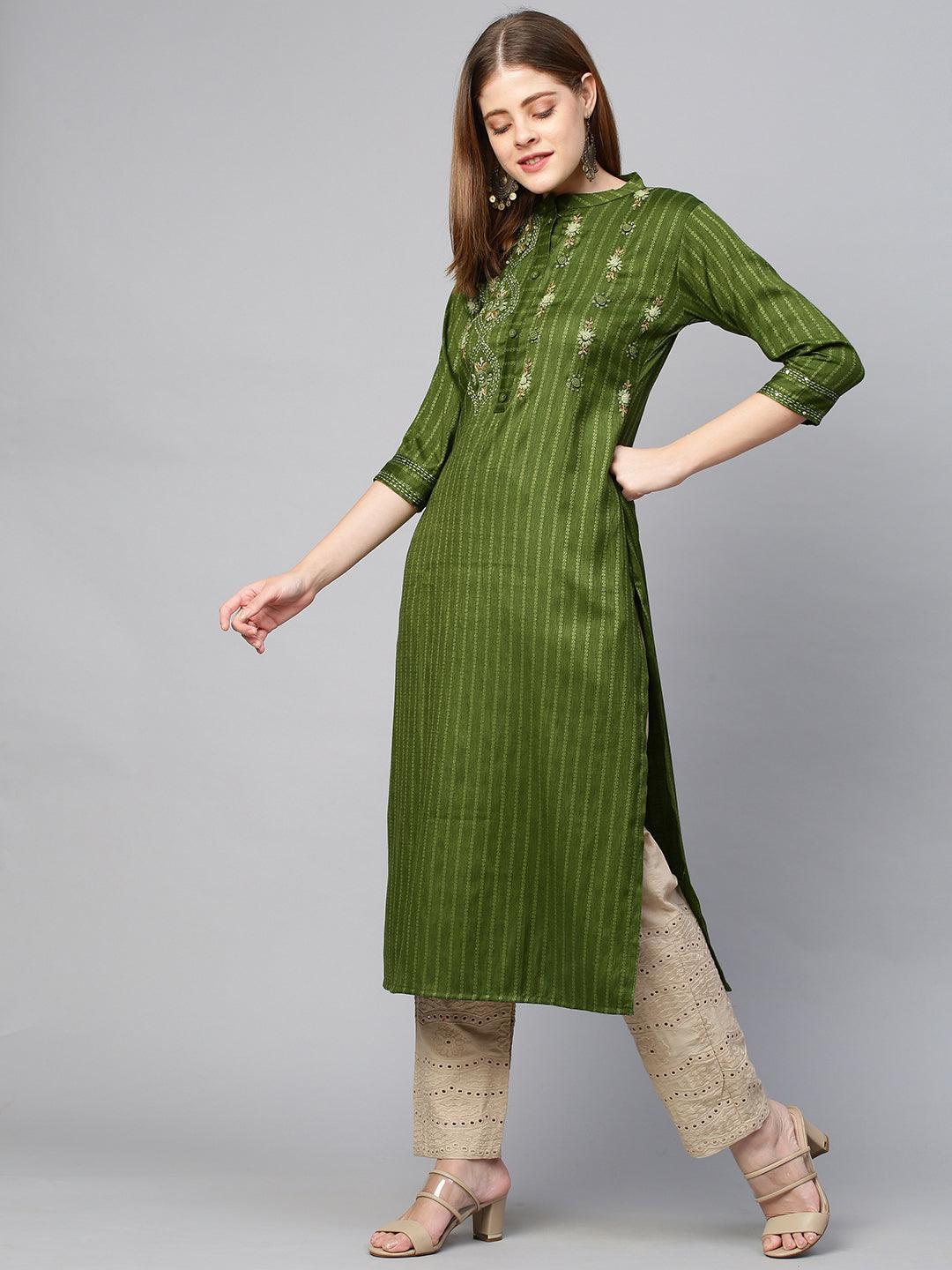 Floral Hand Embroidered Straight Kurta - Green - Indiakreations