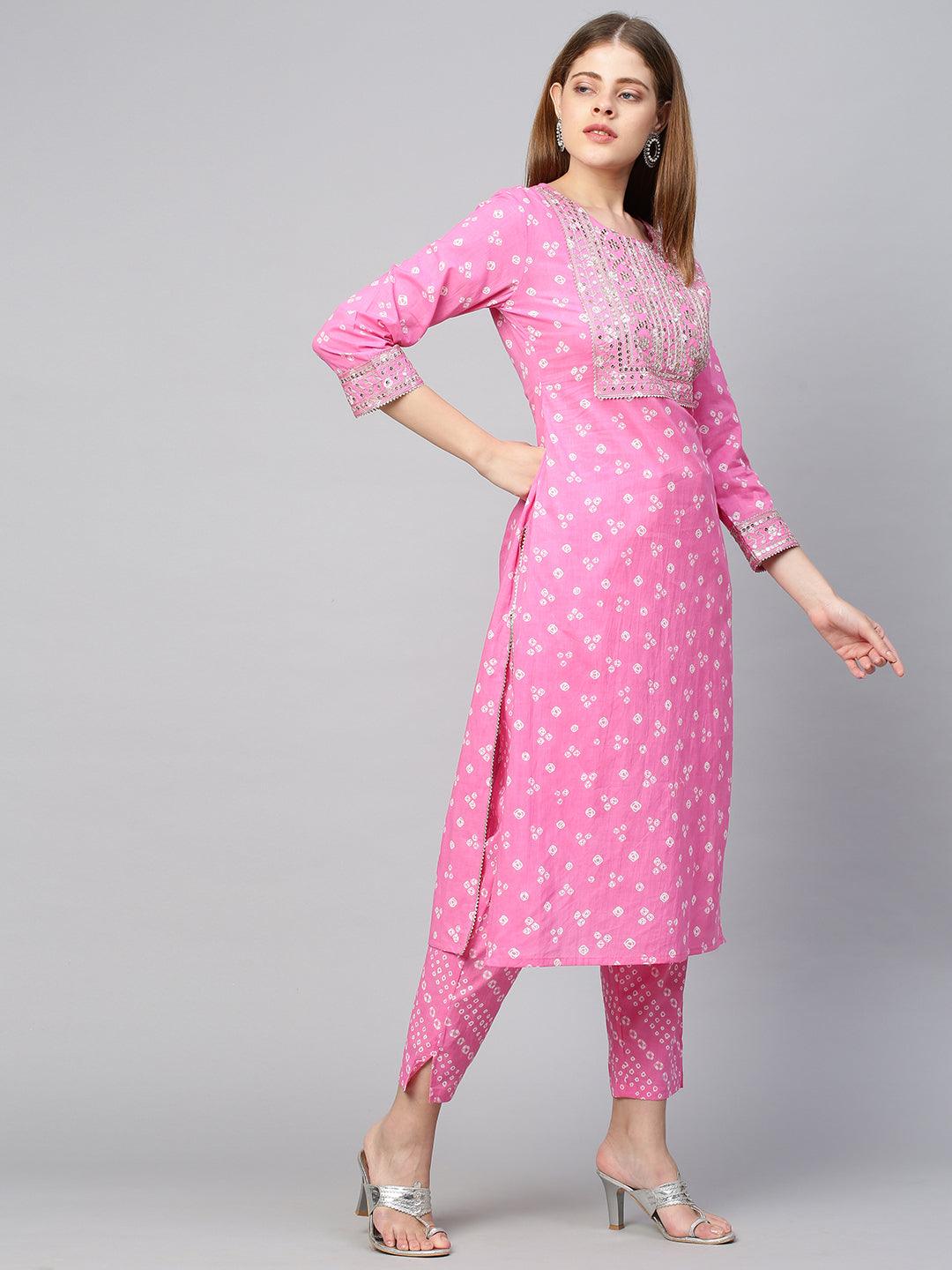 Sequin Embroidered & Bandhej Kurta & Pant - Pastel Pink - Indiakreations