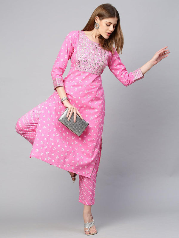 Sequin Embroidered & Bandhej Kurta & Pant - Pastel Pink - Indiakreations