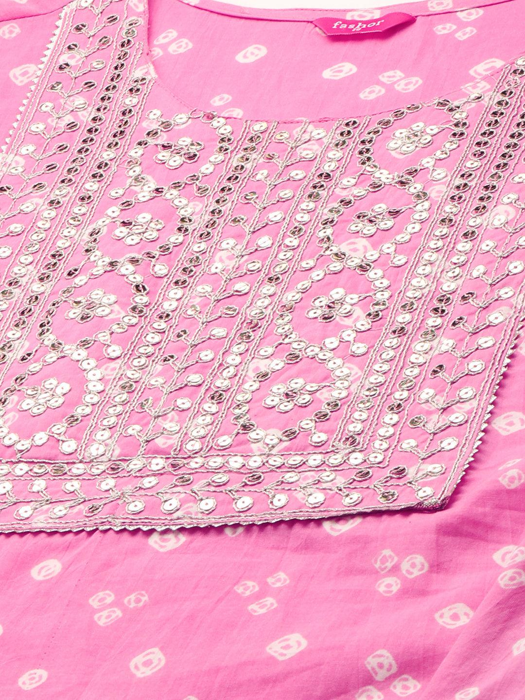 Sequin Embroidered & Bandhej Kurta & Pant - Pastel Pink - Indiakreations