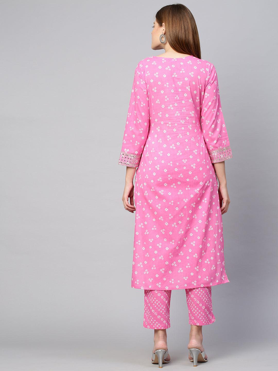 Sequin Embroidered & Bandhej Kurta & Pant - Pastel Pink - Indiakreations