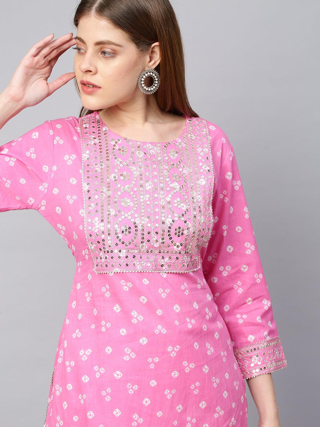 Sequin Embroidered & Bandhej Kurta & Pant - Pastel Pink - Indiakreations