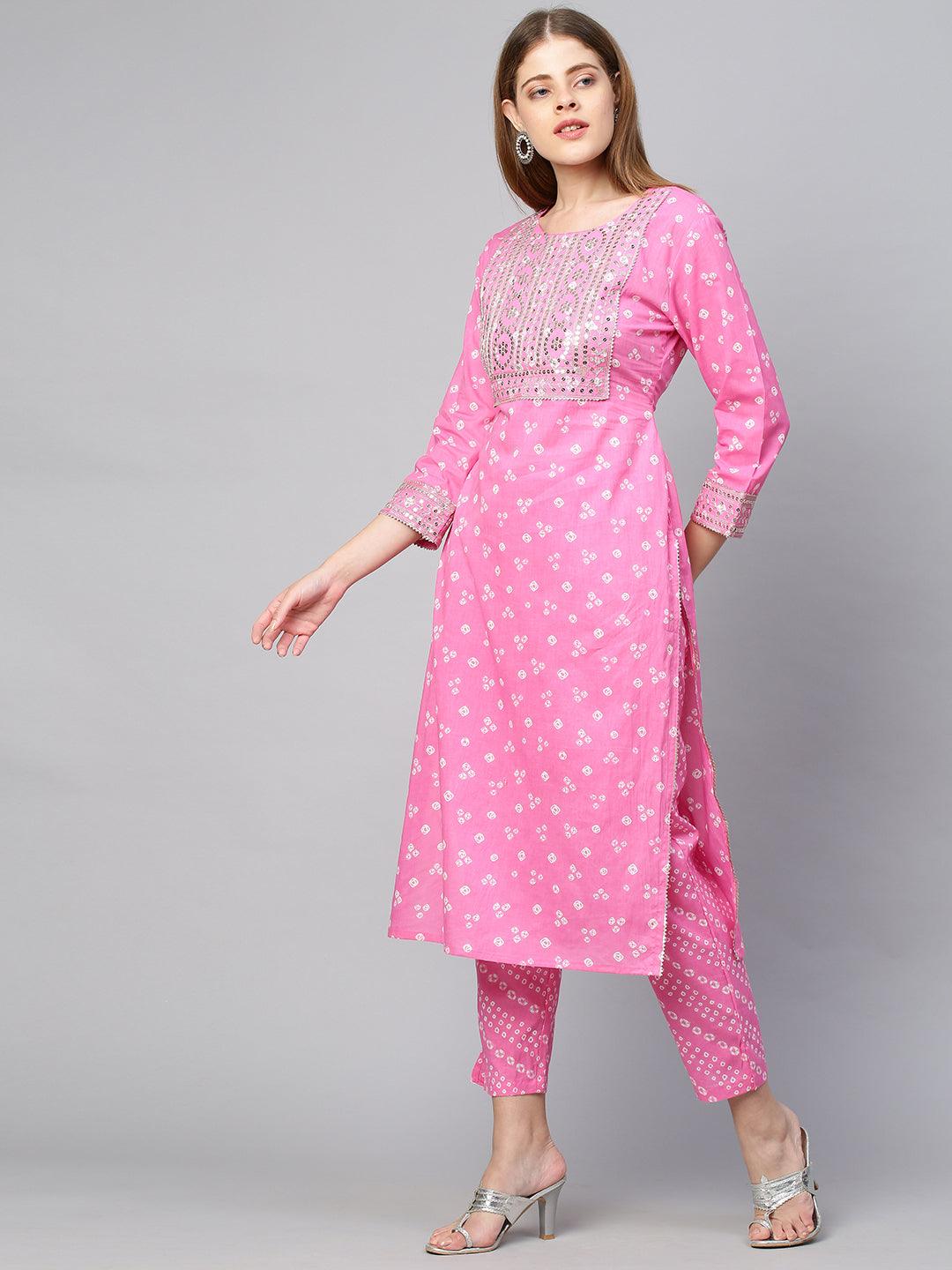 Sequin Embroidered & Bandhej Kurta & Pant - Pastel Pink - Indiakreations