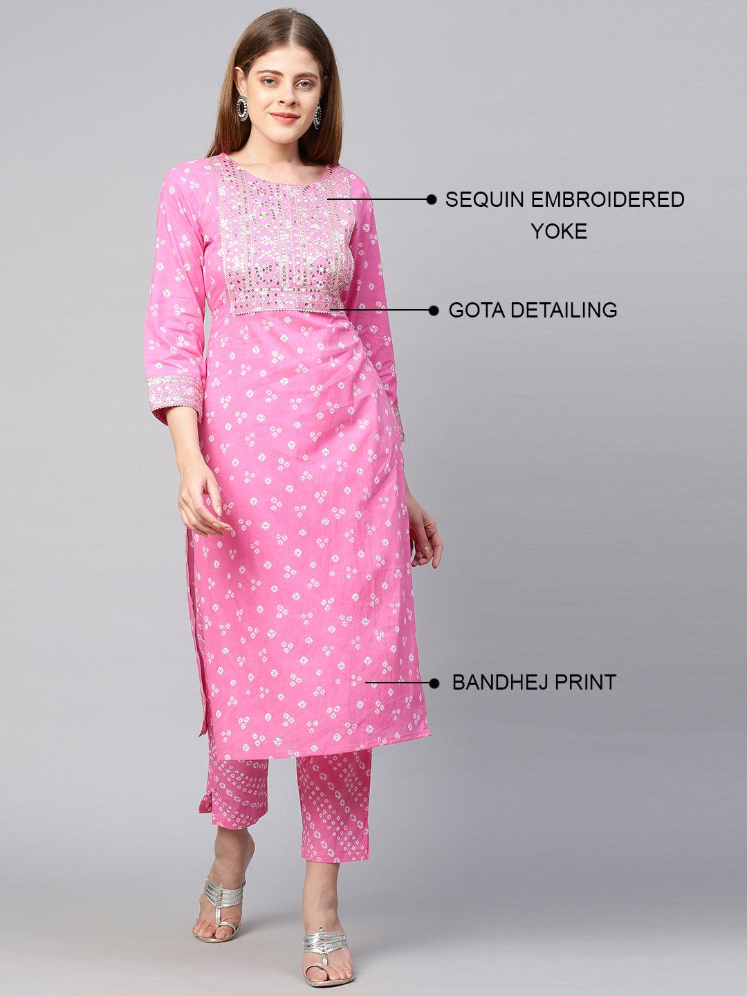 Sequin Embroidered & Bandhej Kurta & Pant - Pastel Pink - Indiakreations