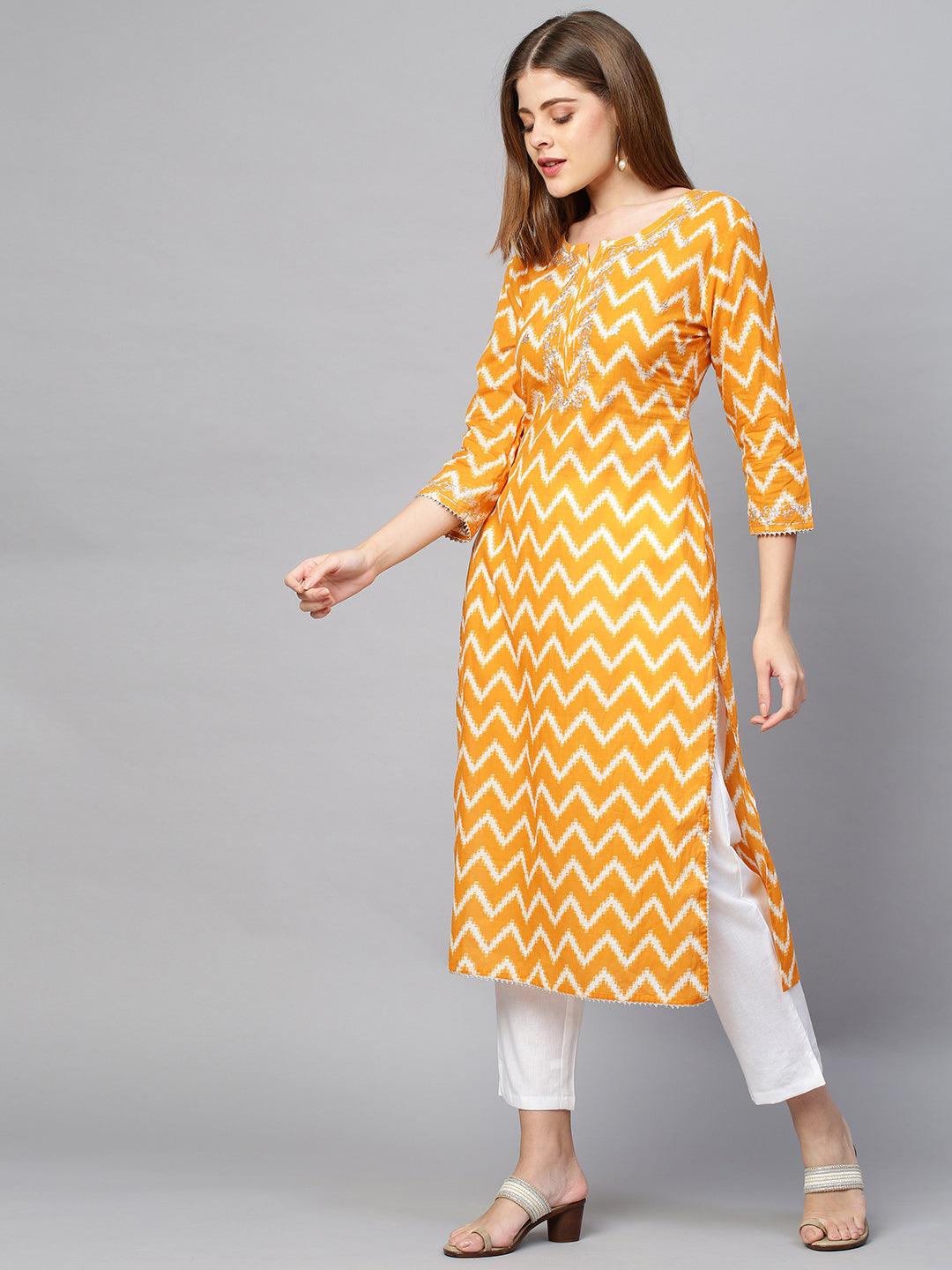 Zari Embroidered & Printed Kurta & Pant - Ochre Yellow - Indiakreations