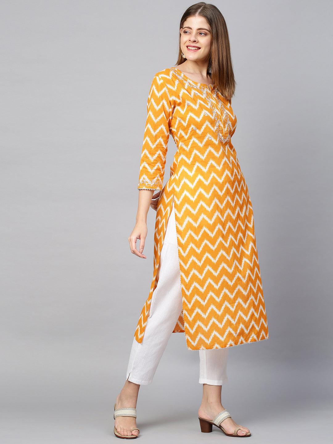 Zari Embroidered & Printed Kurta & Pant - Ochre Yellow - Indiakreations