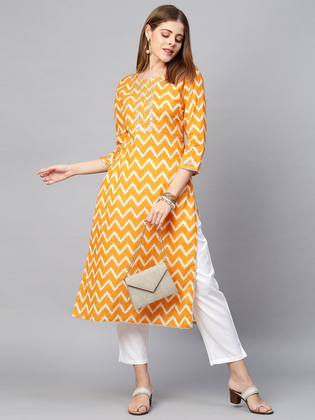 Zari Embroidered & Printed Kurta & Pant - Ochre Yellow - Indiakreations