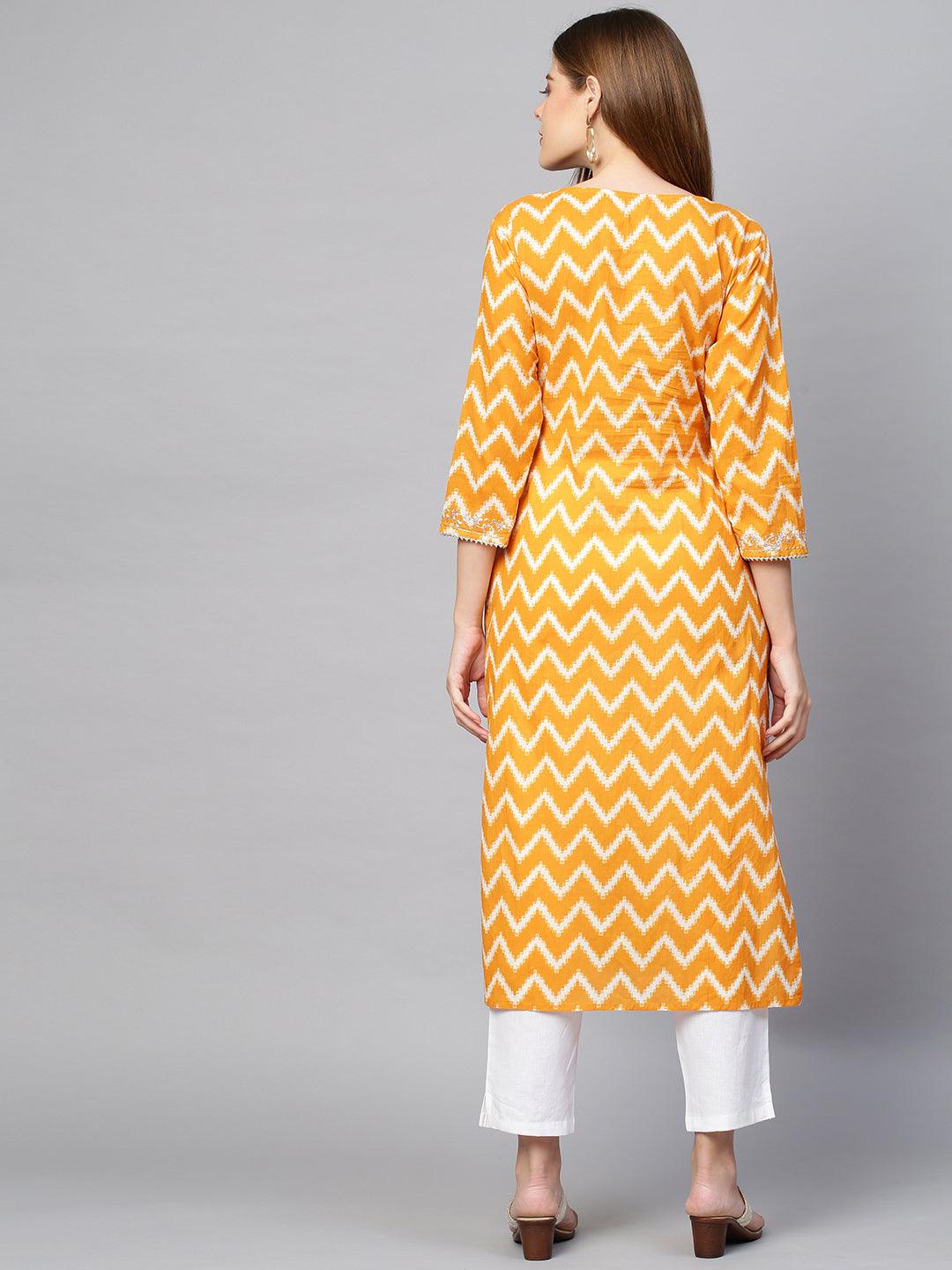 Zari Embroidered & Printed Kurta & Pant - Ochre Yellow - Indiakreations