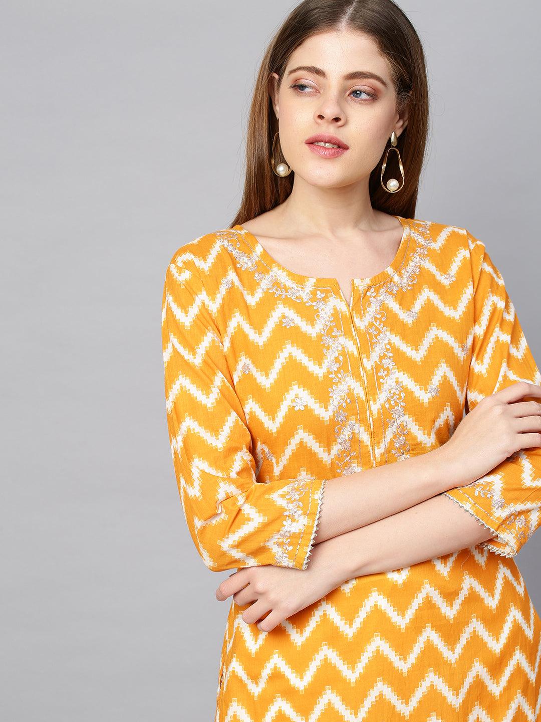 Zari Embroidered & Printed Kurta & Pant - Ochre Yellow - Indiakreations