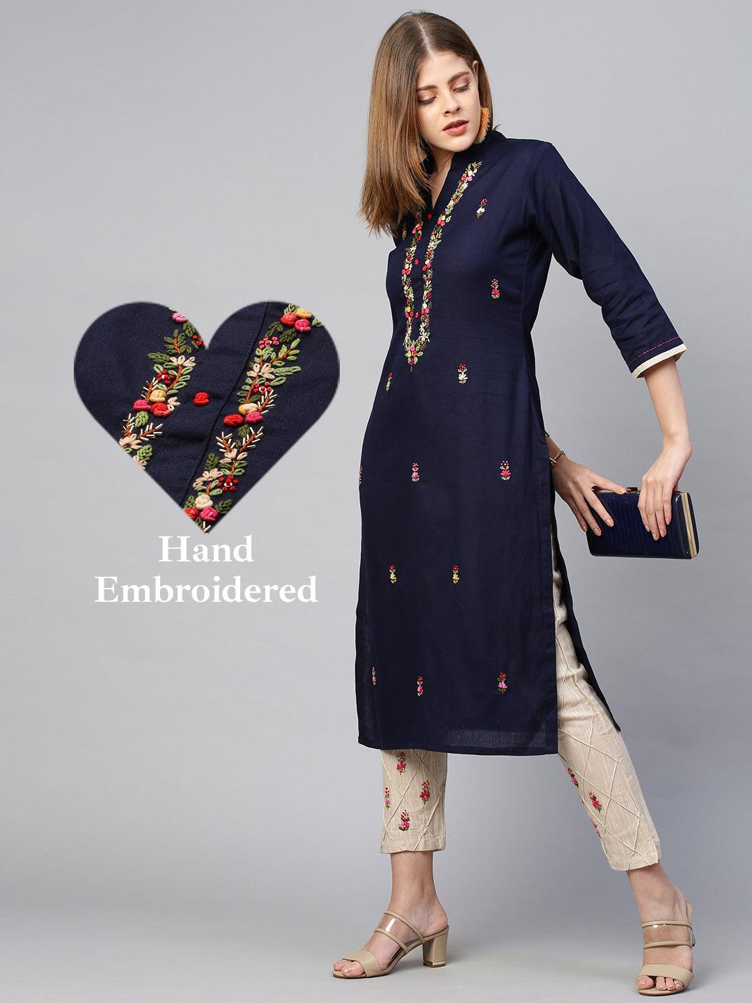 Floral Hand Embroidered Kurta and Pant - Navy Blue - Indiakreations