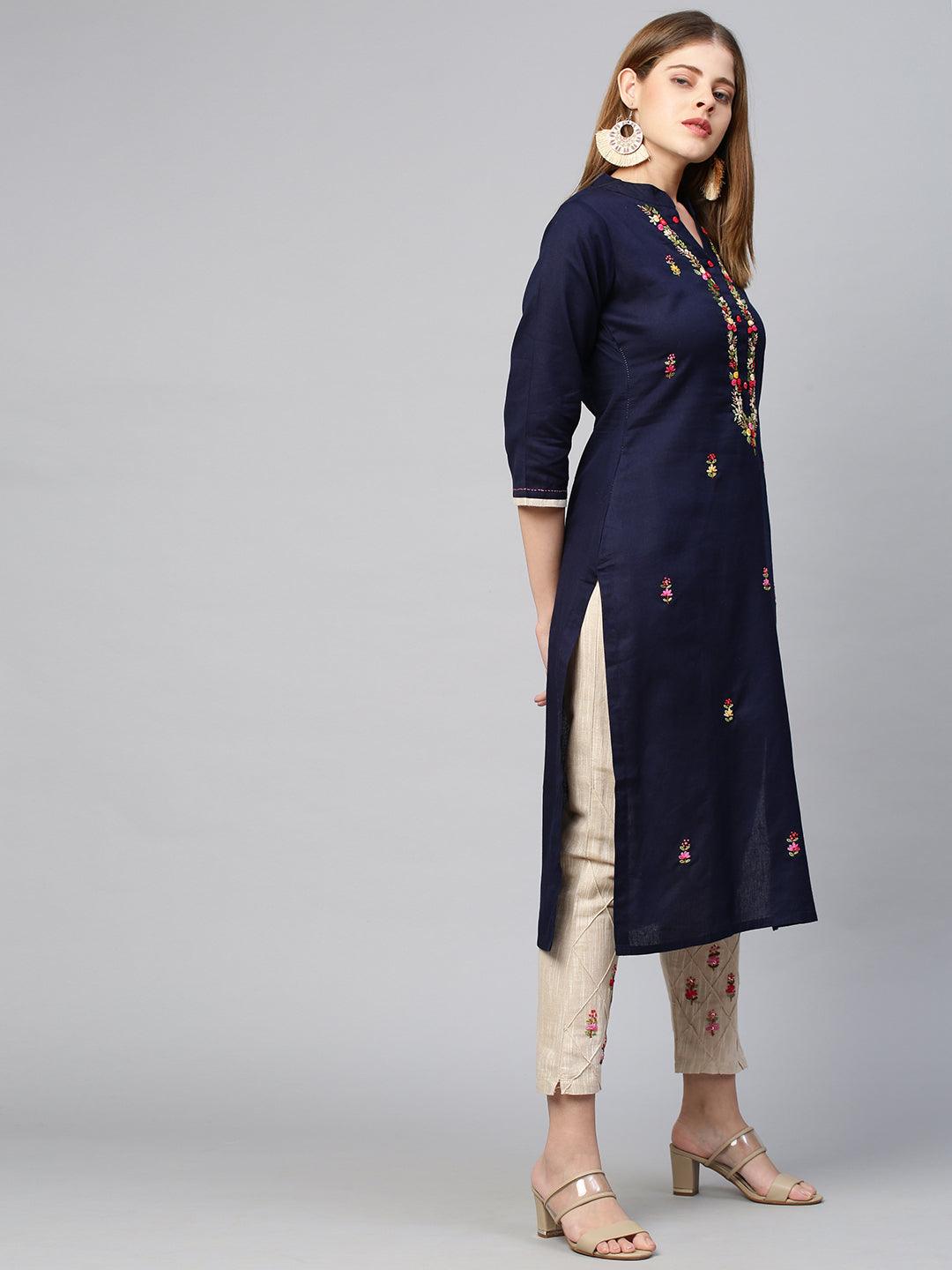 Floral Hand Embroidered Kurta and Pant - Navy Blue - Indiakreations