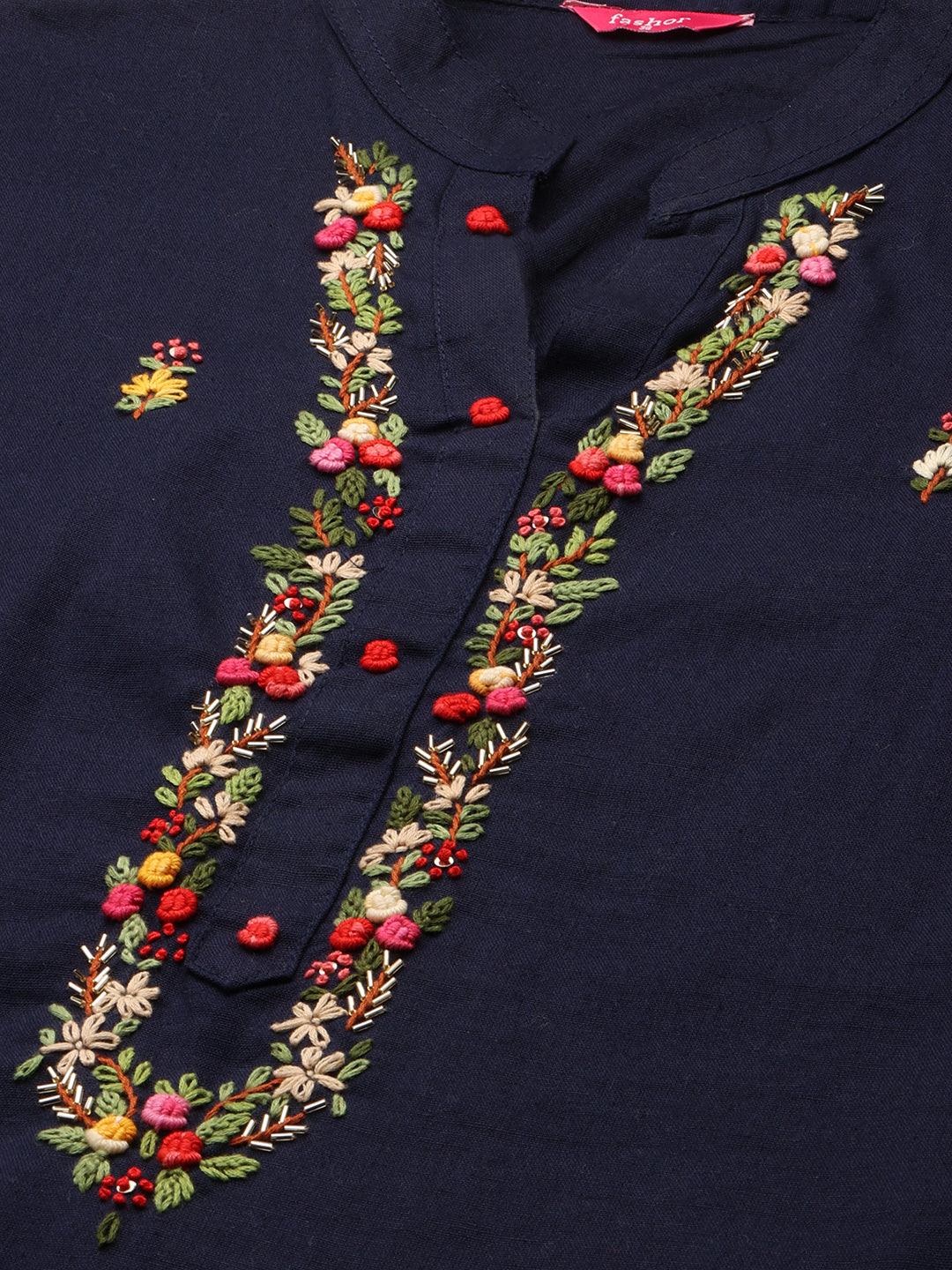 Floral Hand Embroidered Kurta and Pant - Navy Blue - Indiakreations