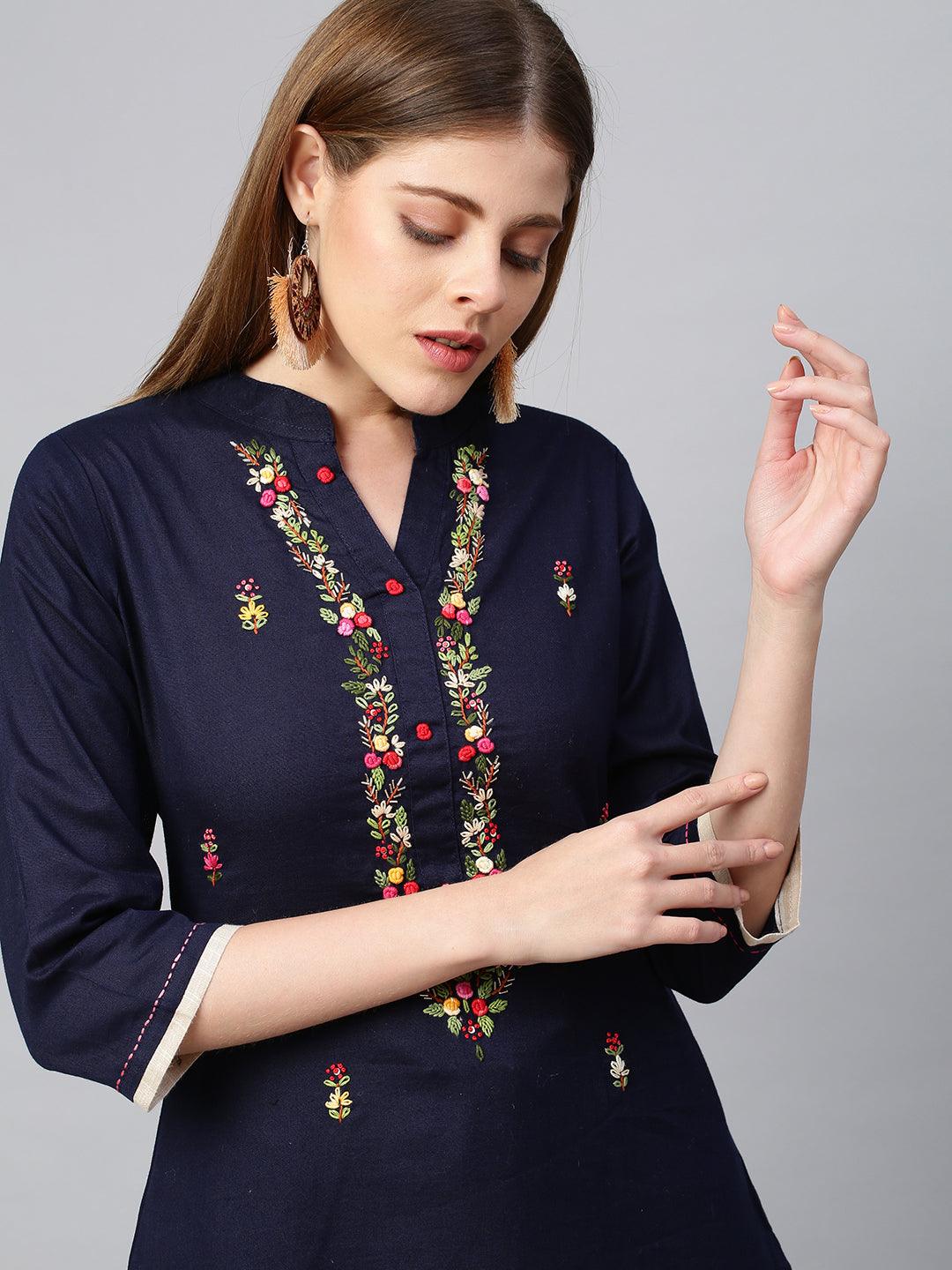 Floral Hand Embroidered Kurta and Pant - Navy Blue - Indiakreations