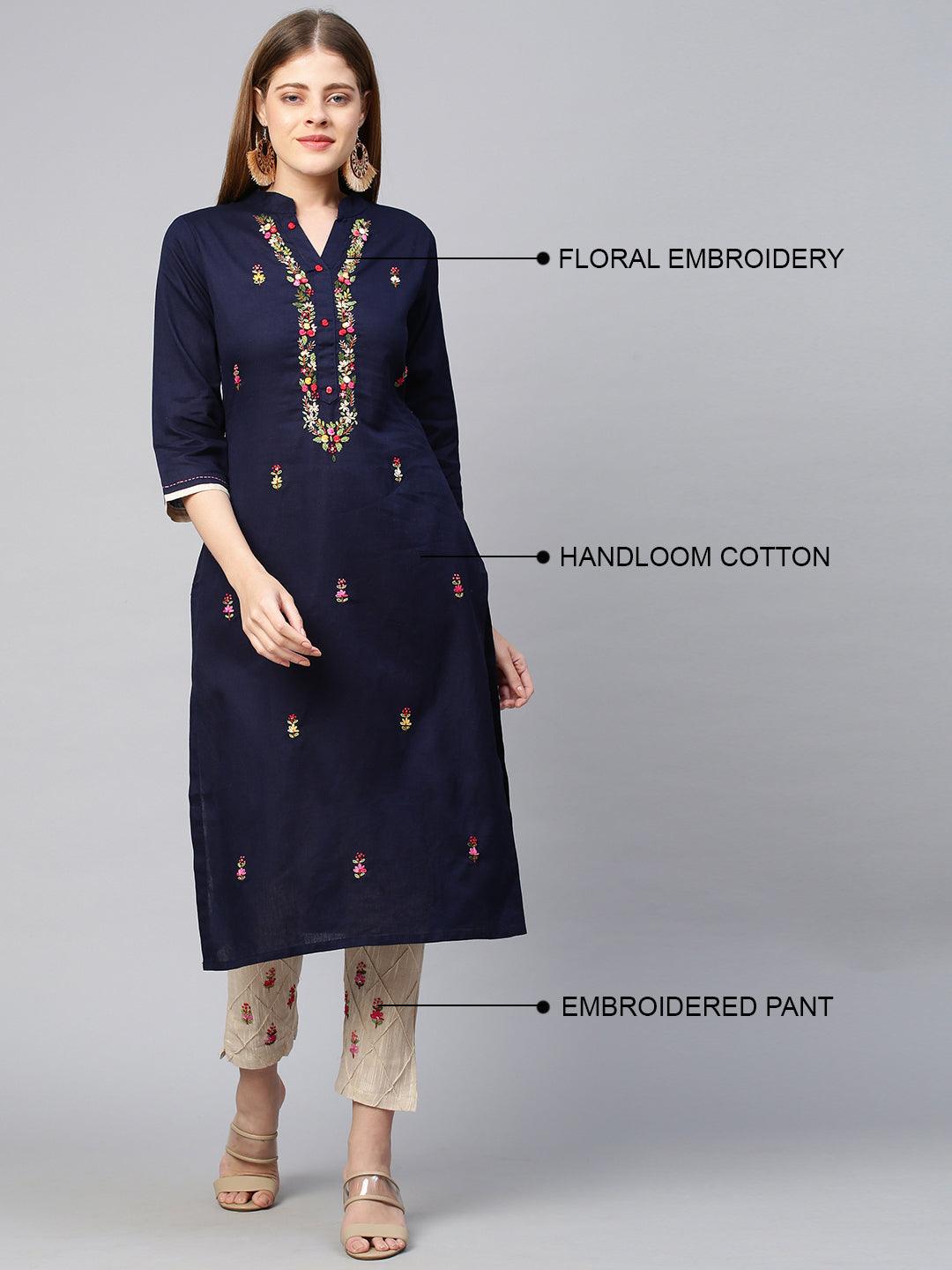 Floral Hand Embroidered Kurta and Pant - Navy Blue - Indiakreations