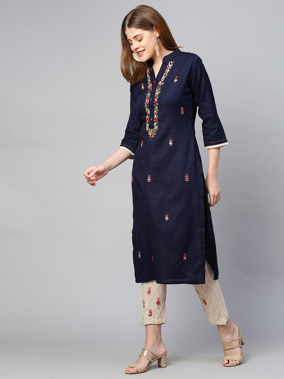 Floral Hand Embroidered Kurta and Pant - Navy Blue - Indiakreations