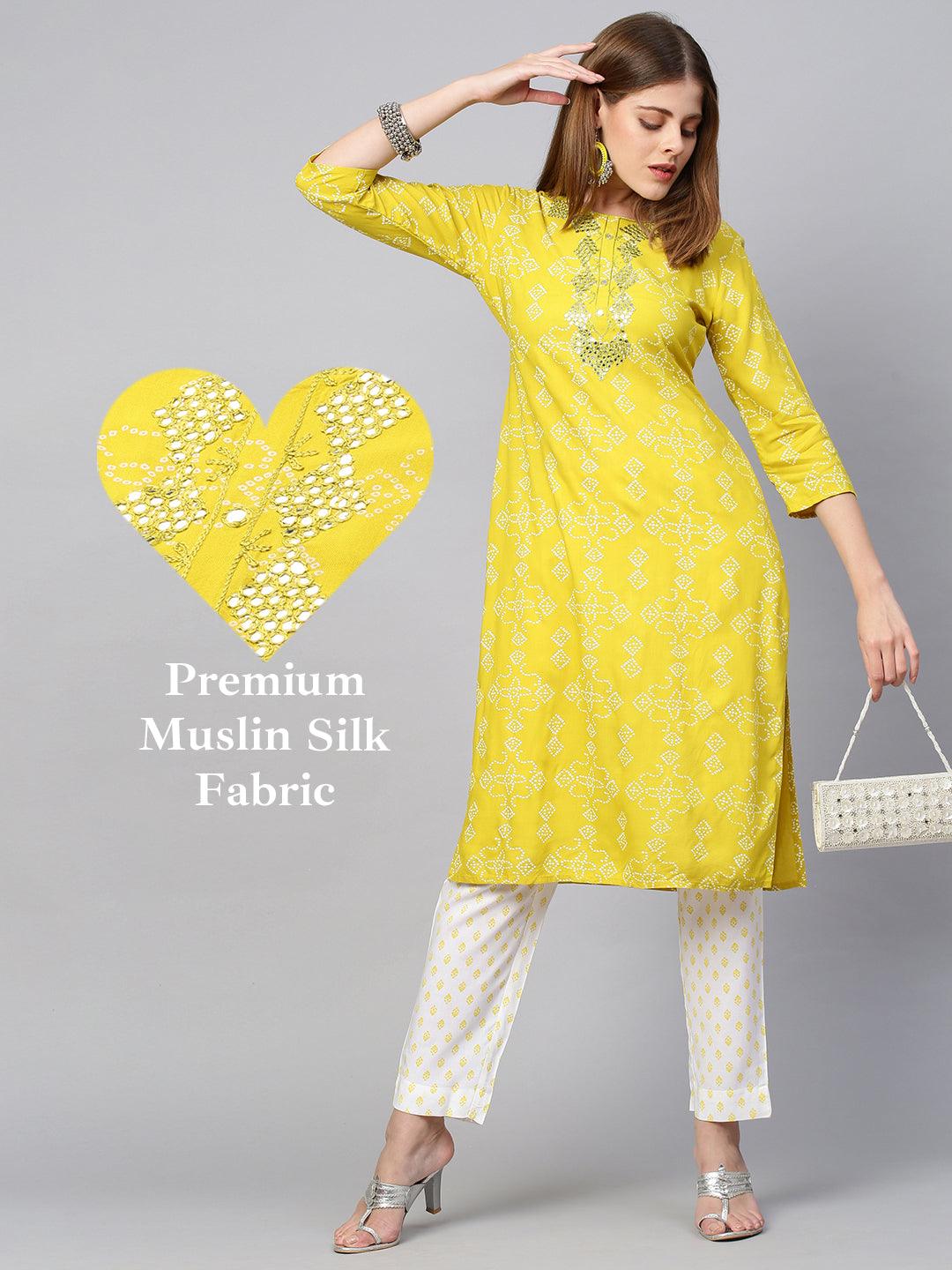 Bandhej Embroidered Kurta & Pant - Corn Yellow - Indiakreations