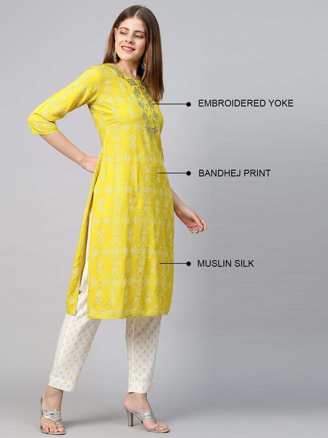 Bandhej Embroidered Kurta & Pant - Corn Yellow - Indiakreations