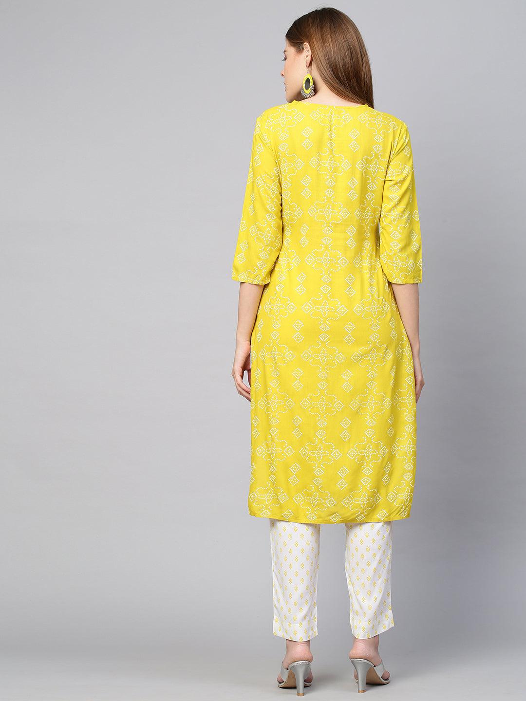 Bandhej Embroidered Kurta & Pant - Corn Yellow - Indiakreations