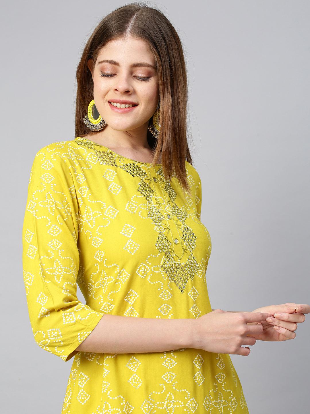 Bandhej Embroidered Kurta & Pant - Corn Yellow - Indiakreations