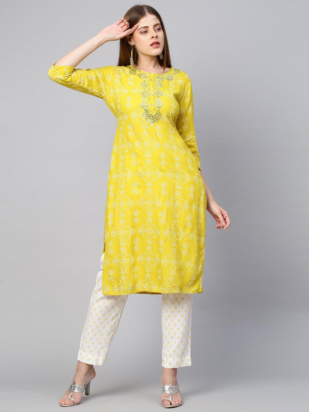 Bandhej Embroidered Kurta & Pant - Corn Yellow - Indiakreations