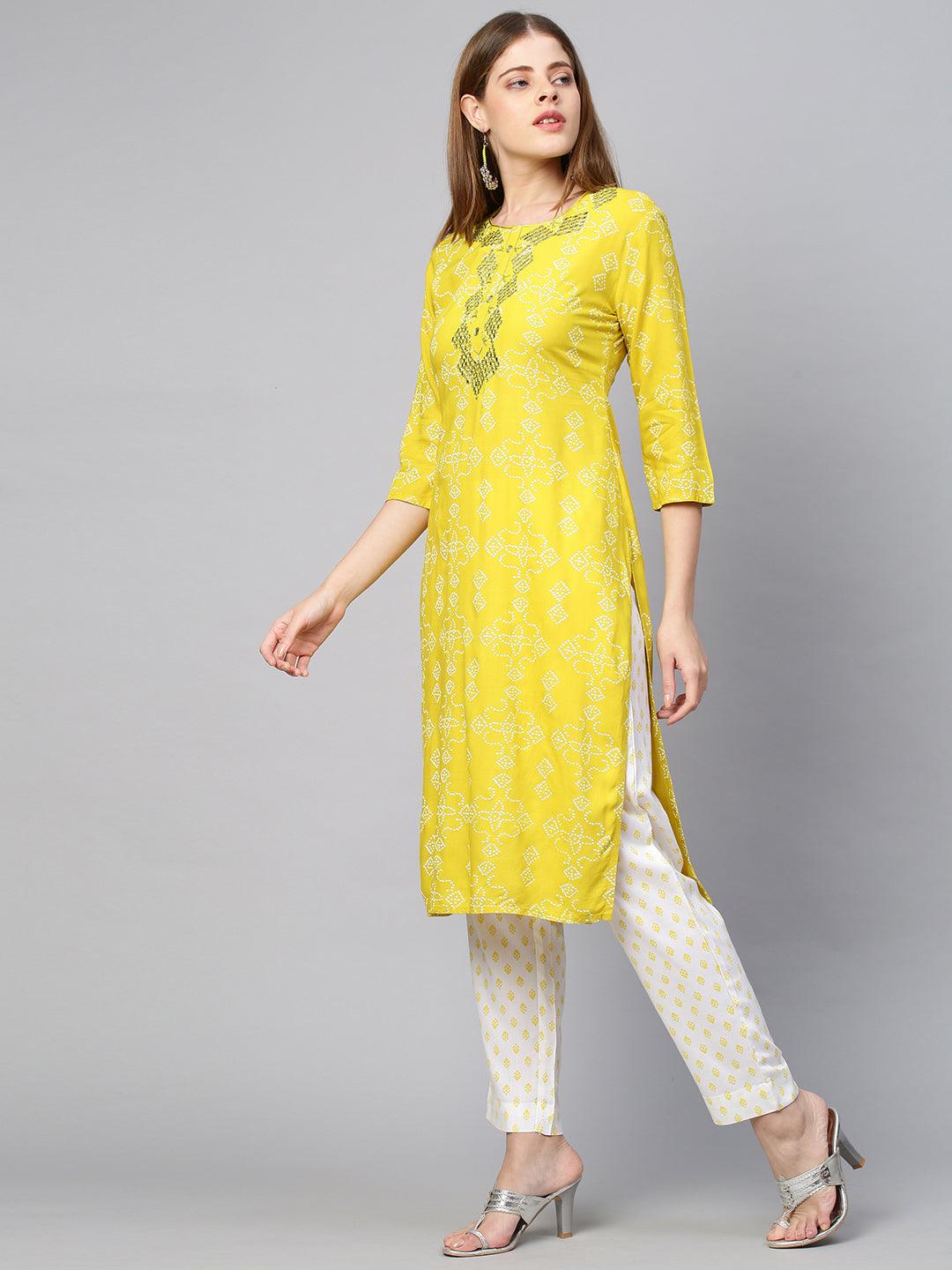 Bandhej Embroidered Kurta & Pant - Corn Yellow - Indiakreations