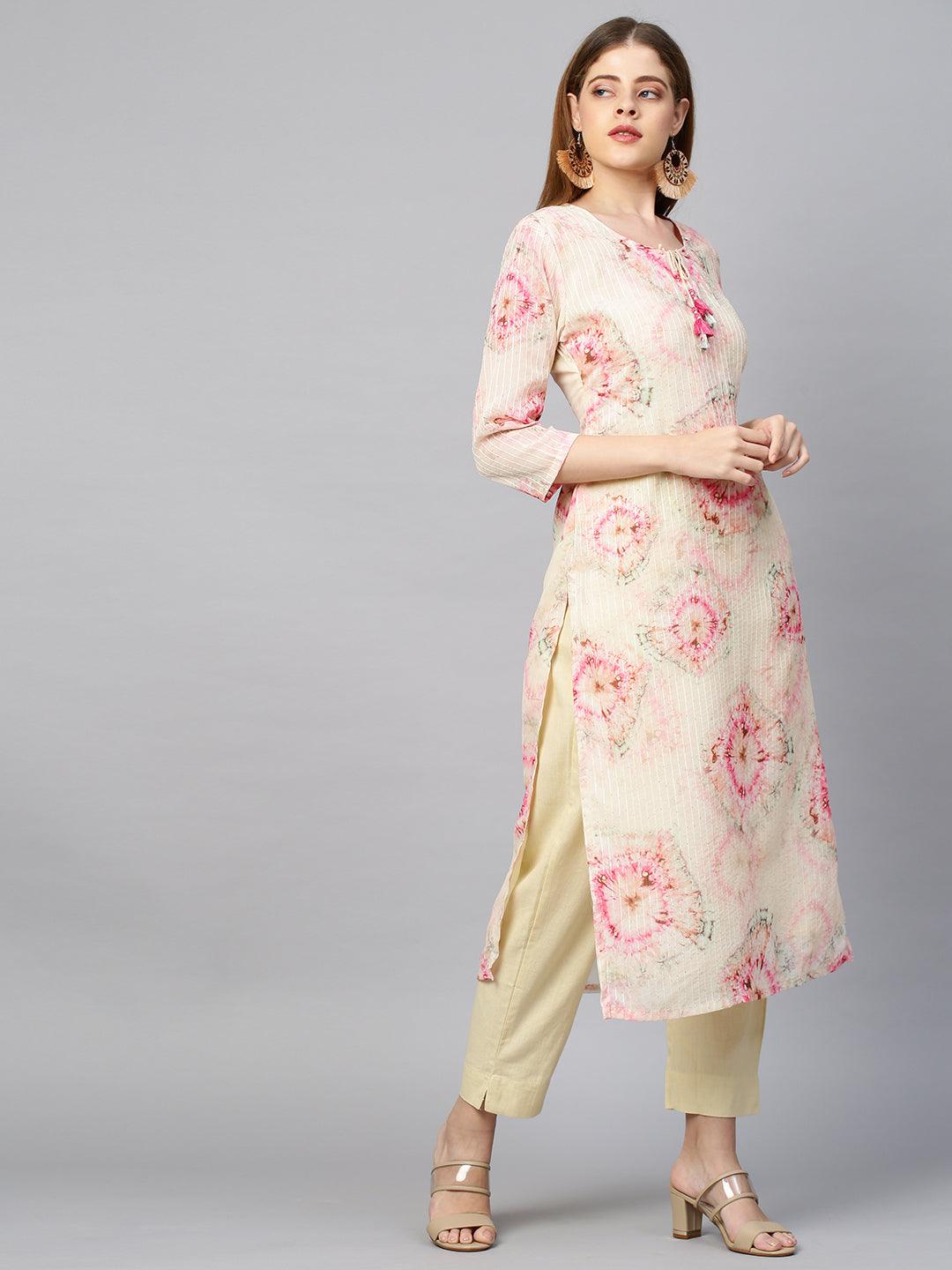 Tie Dyed & Embroidered Kurta with Pant - Pastel Yellow - Indiakreations